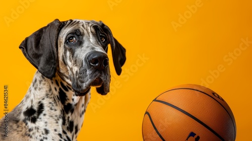 A Great Dane sits beside a basketball looking like he's about to play some hoops.