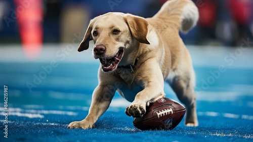 A cute golden retriever puppy playing with a football on the field.