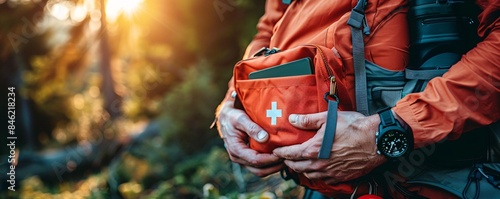 High-quality photo of a male hand taking a first aid kit out of a backpack pocket, featuring camping equipment and a compact mini first aid kit