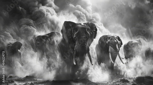 A herd of African elephants charges through a swirling dust storm, their powerful forms silhouetted against the turbulent sky. Generative ai