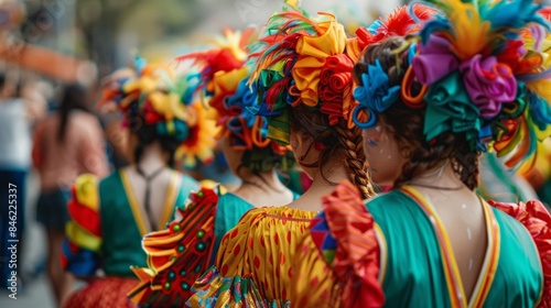 A group of street performers clad in colorful costumes stand in a row with backs to the camera. They are waiting to start . .