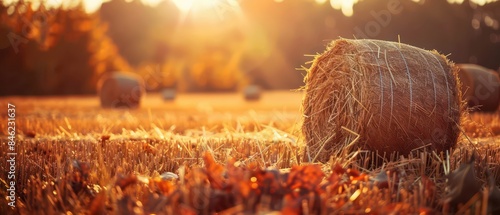Golden autumn field with hay bales and copy space