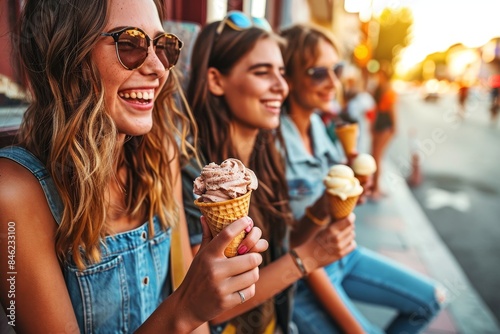 Laughing teenage girls eating ice cream cones on city street - Young female friends enjoying icecream outside - Summer lifestyle concept, Generative AI 