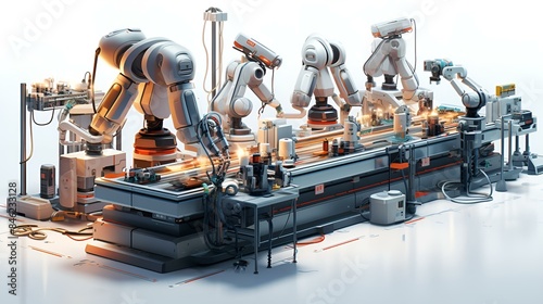 A busy robot factory with numerous robots diligently.