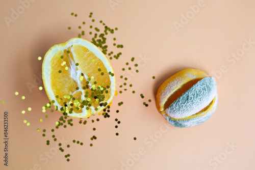 Slices ,pieces of orange covered with mold on a peach background