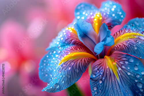 A beautiful blue and yellow flower with droplets of water on it. The flower is surrounded by pink and purple flowers