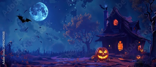 Moonlit washed house, bat shadow overhead, carved pumpkin glowing, spooky scene, copy space