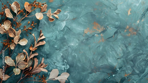Elegant Verdigris Marble Background with Russet Leaves and Plants for Botanical Designs