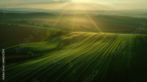 Fields illuminated by the light of the setting sun viewed from above