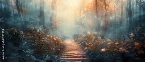 Illustrate a serene pathway leading into a dense, mystical forest enveloped in a ethereal fog Render the mysterious allure in a digital painting with intricate details,
