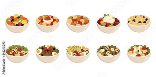 Fruit and Salad Bowl Vector Set