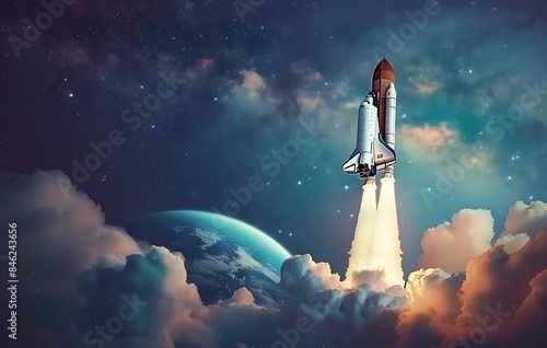 3D illustration of a space shuttle rocket flying in the outer sky with planet Earth in the background, against a starry night sky with smoke and clouds
