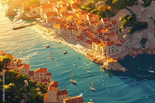 Illustrate an aerial view of a serene coastal village, glazed with golden sunlight and tranquil waters,