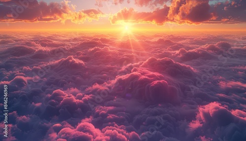 dramatic sunset horizon with a sky filled with dynamic clouds, where the sun's light creates a stunning play of colors ranging from fiery oranges to soft purples enhancing the depth and texture