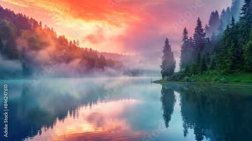Dramatic morning scene at lacu rosu lake: misty summer sunrise in harghita county, romania – captivating nature landscape