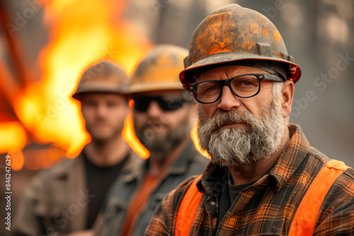Three men wearing hard hats and safety glasses stand in front of a fire. They are all wearing orange vests