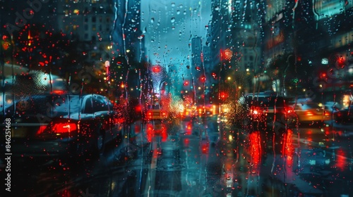 On a dark and rainy night the city transforms into a canvas for light painting. The droplets of rain cast a soft glow adding depth . AI generation.