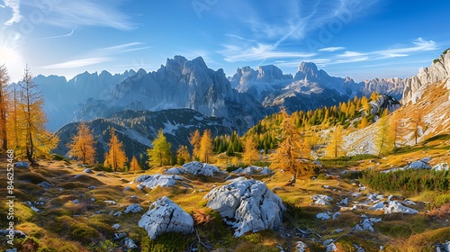 View on the mountains with colorful larch trees in autumn colours in the foreground