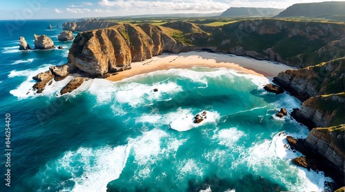 Aerial shot of a dramatic coastline with cliffs, crashing waves, and sandy beaches, the blue ocean contrasting with the rugged terrain. Sea. Ocean. 1