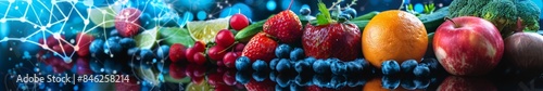 Bright and healthy berries and fruits on a neutral textured background. Ultra-wide. Healthy lifestyle. Live food. Banner poster, background, postcard. 