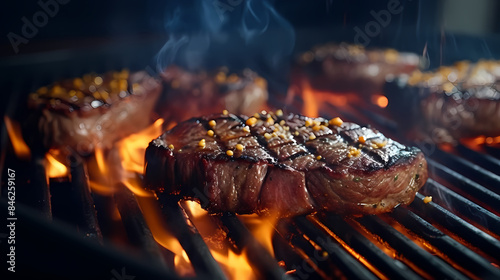Close up of steak grilling on the grill
