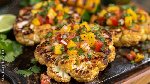These cauliflower steaks are grilled to perfection topped with a zesty tropical salsa made with diced mango jalapeno peppers and fresh cilantro.