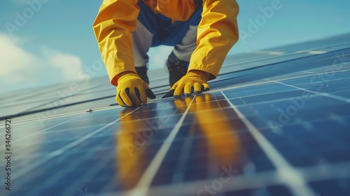 Engineer checking connections of rooftop solar panels, sunny day, closeup