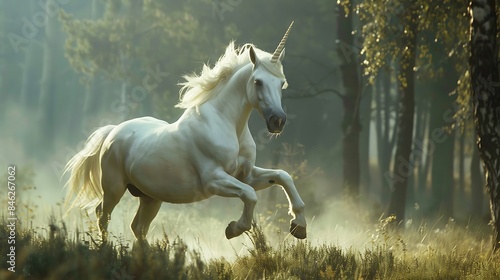 White unicorn stallion gallops forest concept