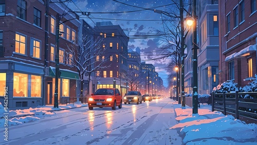 Snow covered cars and buildings road Anime style illustration, flat art, anime background wallpaper