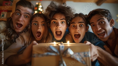 A group of friends gathered around, all showing surprised expressions as they open a mystery box together, highlighting communal excitement