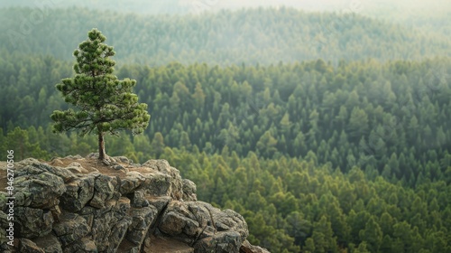 a lone pine tree standing sentinel on a rocky outcrop, overlooking a vast expanse of old pine forest.
