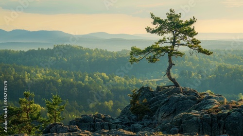 a lone pine tree standing sentinel on a rocky outcrop, overlooking a vast expanse of old pine forest.