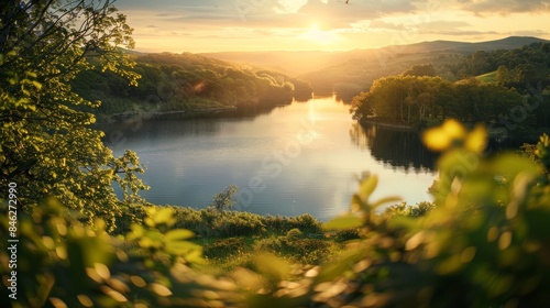 a picturesque lake framed by lush greenery, as the sun dips below the horizon, casting long shadows across the still waters.