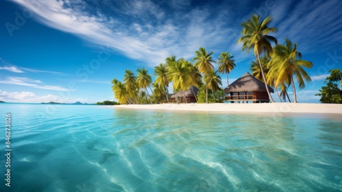 a picturesque tropical island paradise with towering palm trees casting long shadows over a soft, white sand beach, crystal-clear turquoise waters teeming with colorful marine life,