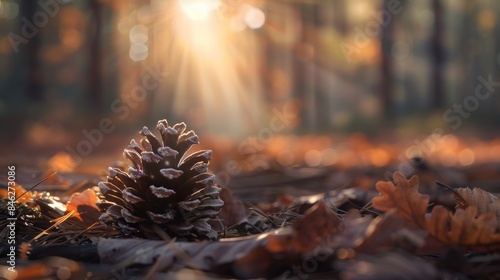 pine cone resting on a bed of soft forest duff, with sunlight highlighting its delicate scales.