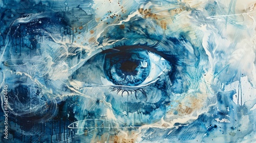 Abstract painting of an eye in blue tones, capturing ethereal and fluid elements. An artistic representation of vision and perception.