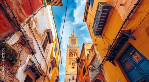 Vibrant alley with a view of an old tower between colorful buildings in Morocco