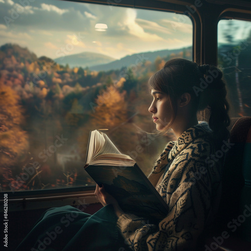 a girl reading a historical novel on a train journey. As the landscape changes outside her window, she imagines herself traveling back in time and living through the events described in her book