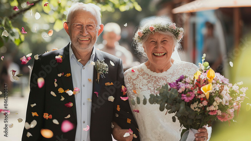 old couple getting married Smiling happily at your own wedding full of flower petals