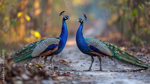 Majestic peacocks engaging in a vibrant display on a forest pathway