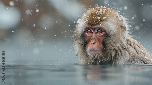 A monkey is in the water, with its head above the water. A close-up of a snow-dusted creature amidst falling flakes