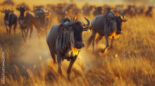 A herd of wildebeest are running through a field