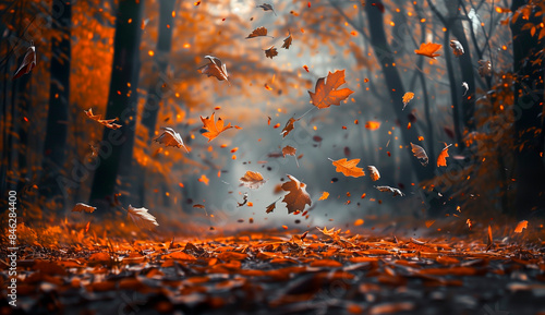 Autumn yellow leaves swirling in the wind against the backdrop of a fall forest on a sunny afternoon