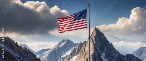 The image features the American flag flying high against a backdrop of majestic snow capped mountains and a clear, blue sky Ideal for patriotic and natural themes