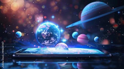 A digital graphic of a smartphone projecting 3D holograms of space and planets