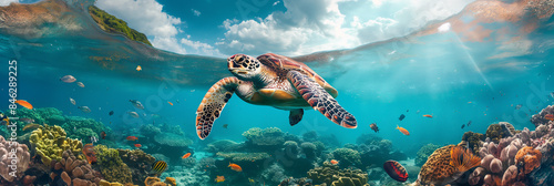 Image of a graceful sea turtle swimming across the border
