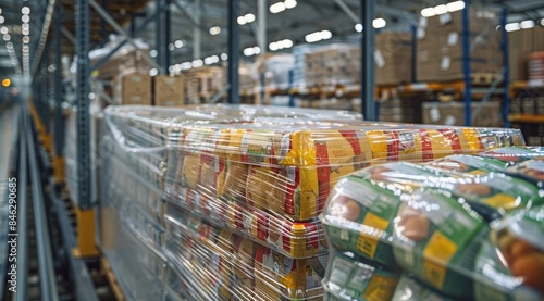 Pallet of wrapped food products in warehouse