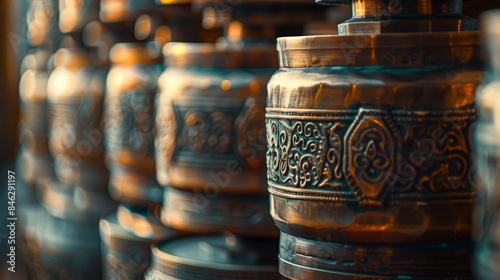 A detailed close-up photo showcases the intricate engravings and rich texture of a row of Buddhist prayer wheels, capturing the beauty and spirituality of these sacred objects