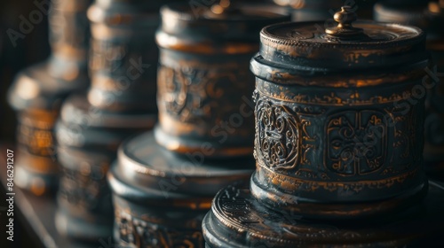 A close-up photo showcasing the intricate details and texture of Buddhist prayer wheels, capturing the craftsmanship and spiritual significance of these sacred objects