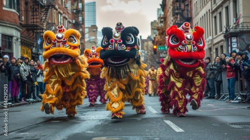 A vibrant Chinese New Year parade fills the city streets with colorful lion dancers performing for a cheering crowd